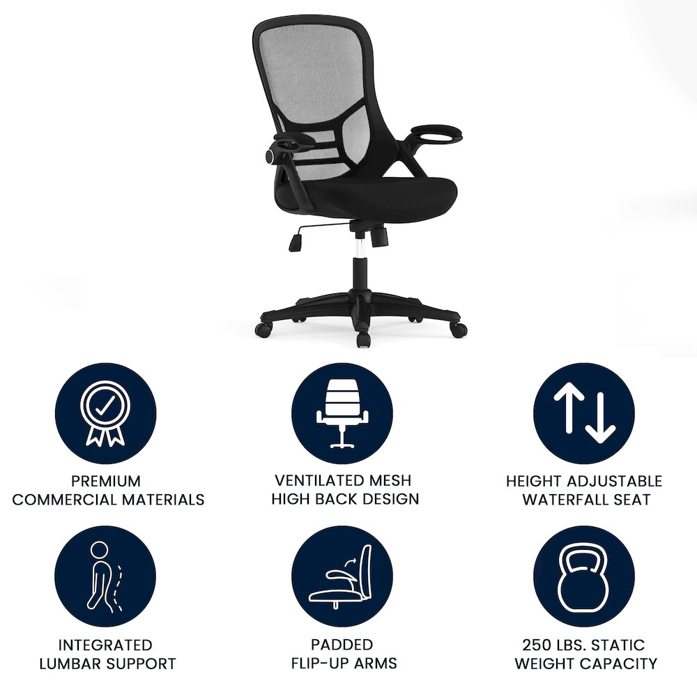 High Back Black Mesh Swivel Office Chair with Black Frame and Flip-up Arms