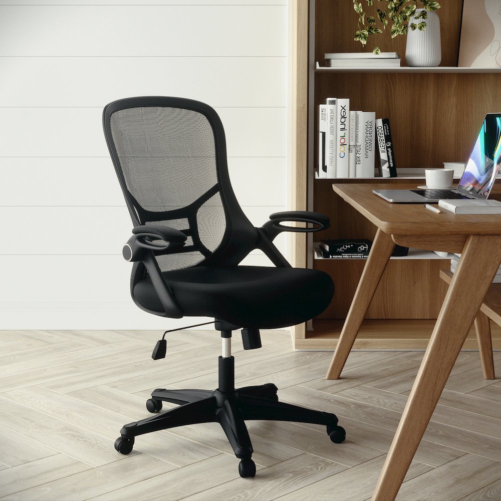 High Back Black Mesh Swivel Office Chair with Black Frame and Flip-up Arms