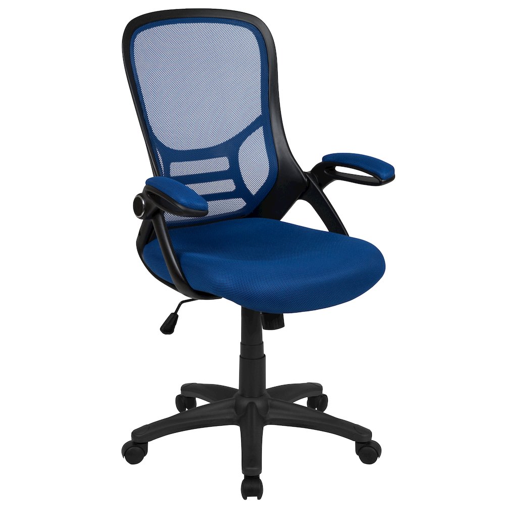 High Back Blue Mesh Swivel Office Chair with Black Frame and Flip-up Arms