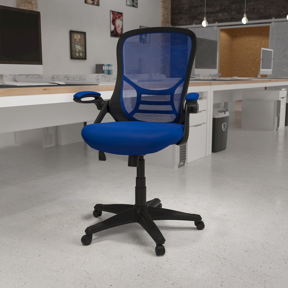 High Back Blue Mesh Swivel Office Chair with Black Frame and Flip-up Arms