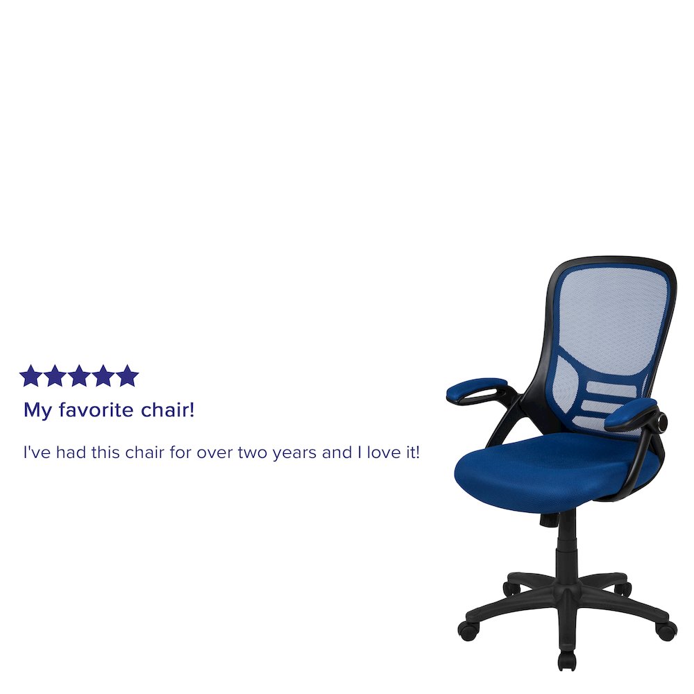 High Back Blue Mesh Swivel Office Chair with Black Frame and Flip-up Arms