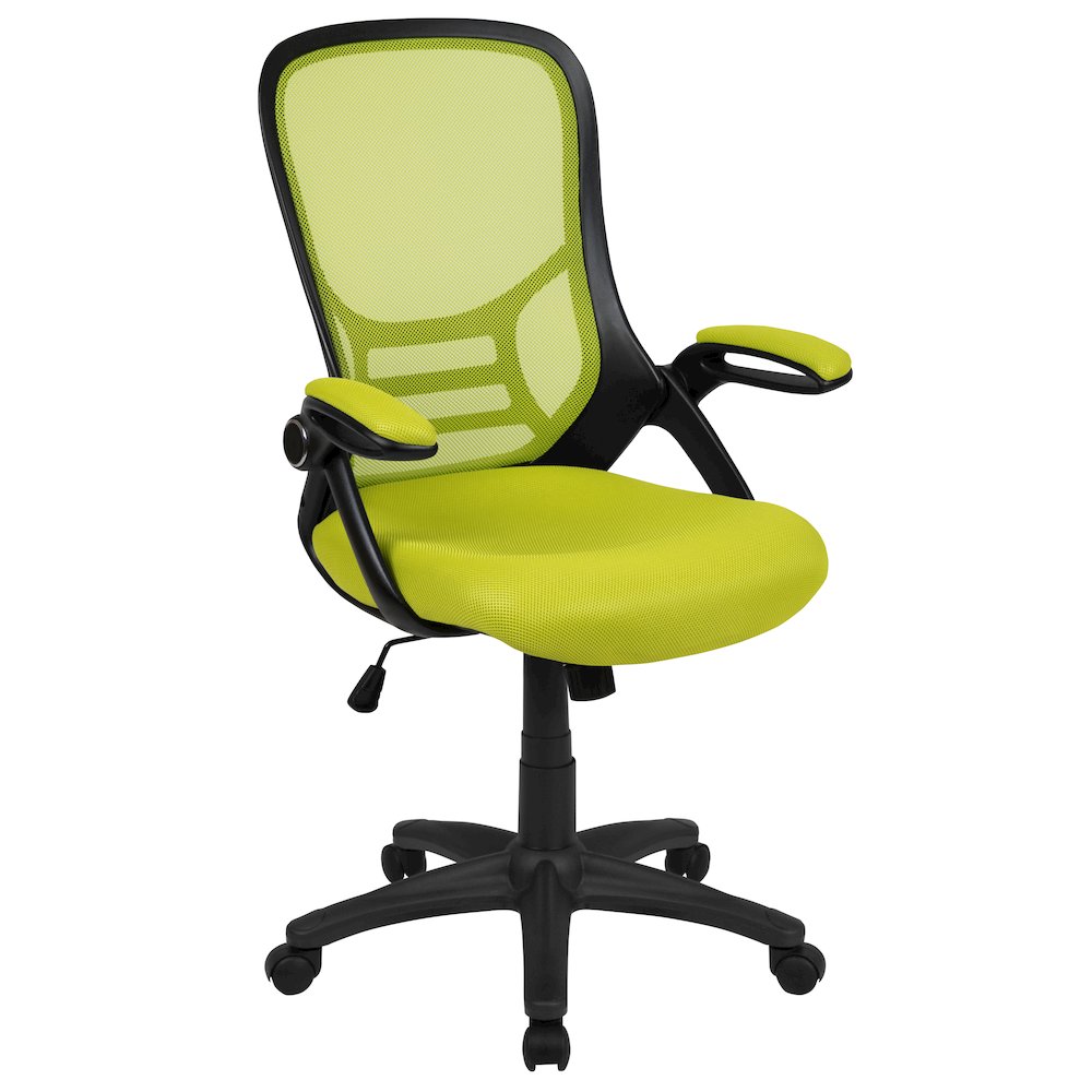 High Back Green Mesh Swivel Office Chair with Black Frame and Flip-up Arms