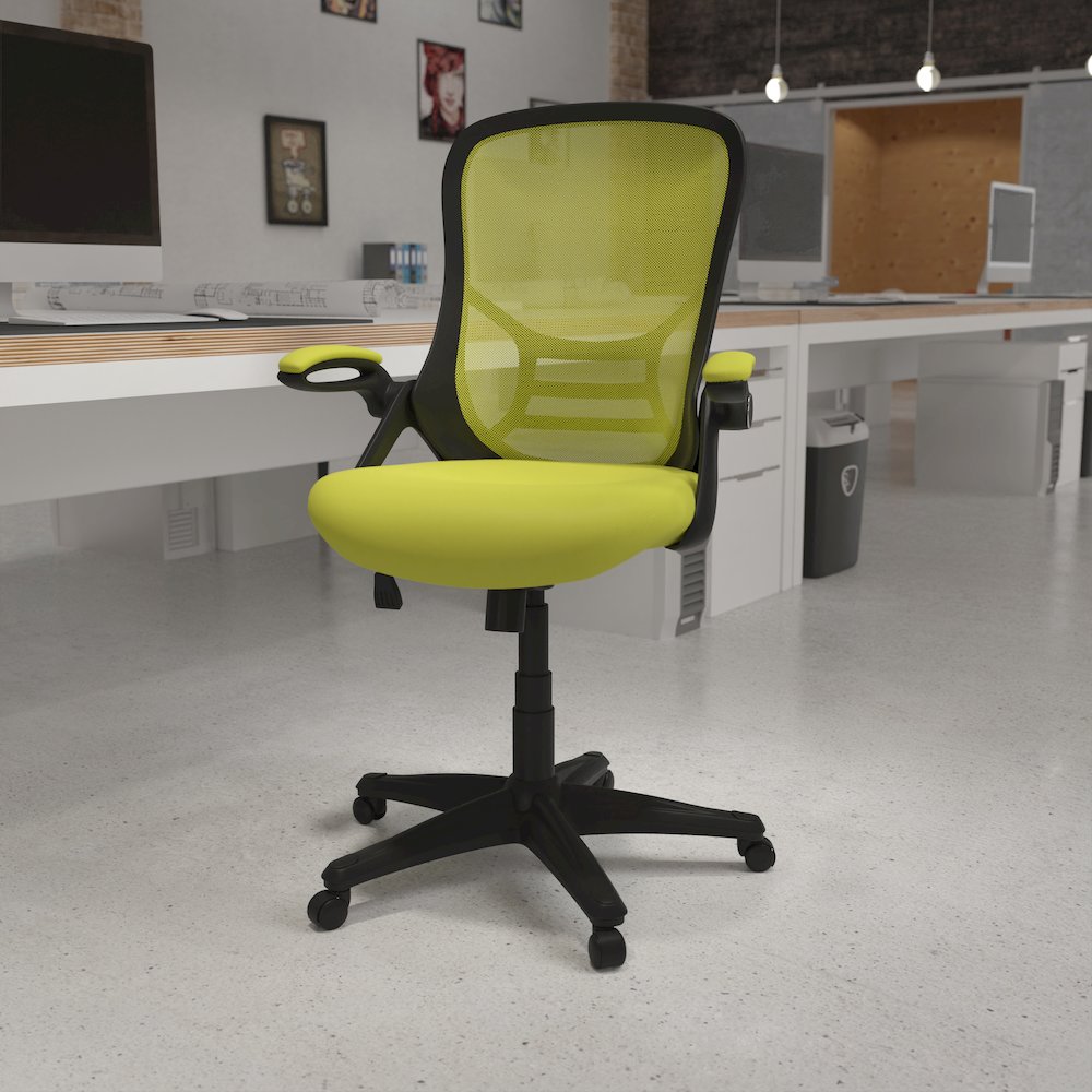 High Back Green Mesh Swivel Office Chair with Black Frame and Flip-up Arms