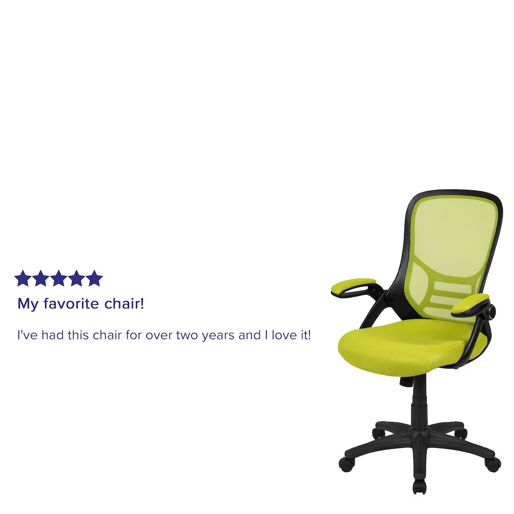 High Back Green Mesh Swivel Office Chair with Black Frame and Flip-up Arms