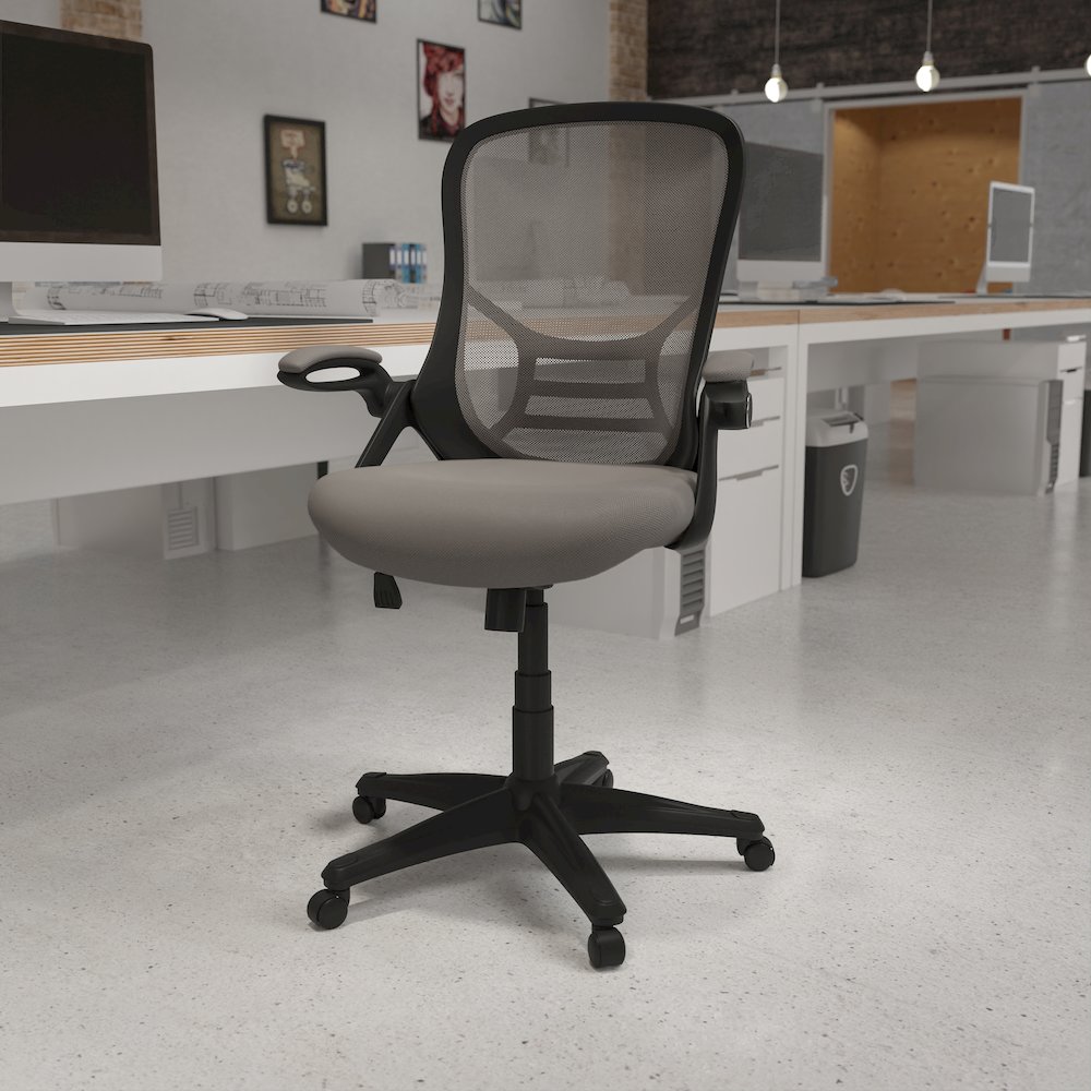 High Back Light Gray Mesh Swivel Office Chair with Black Frame and Flip-up Arms