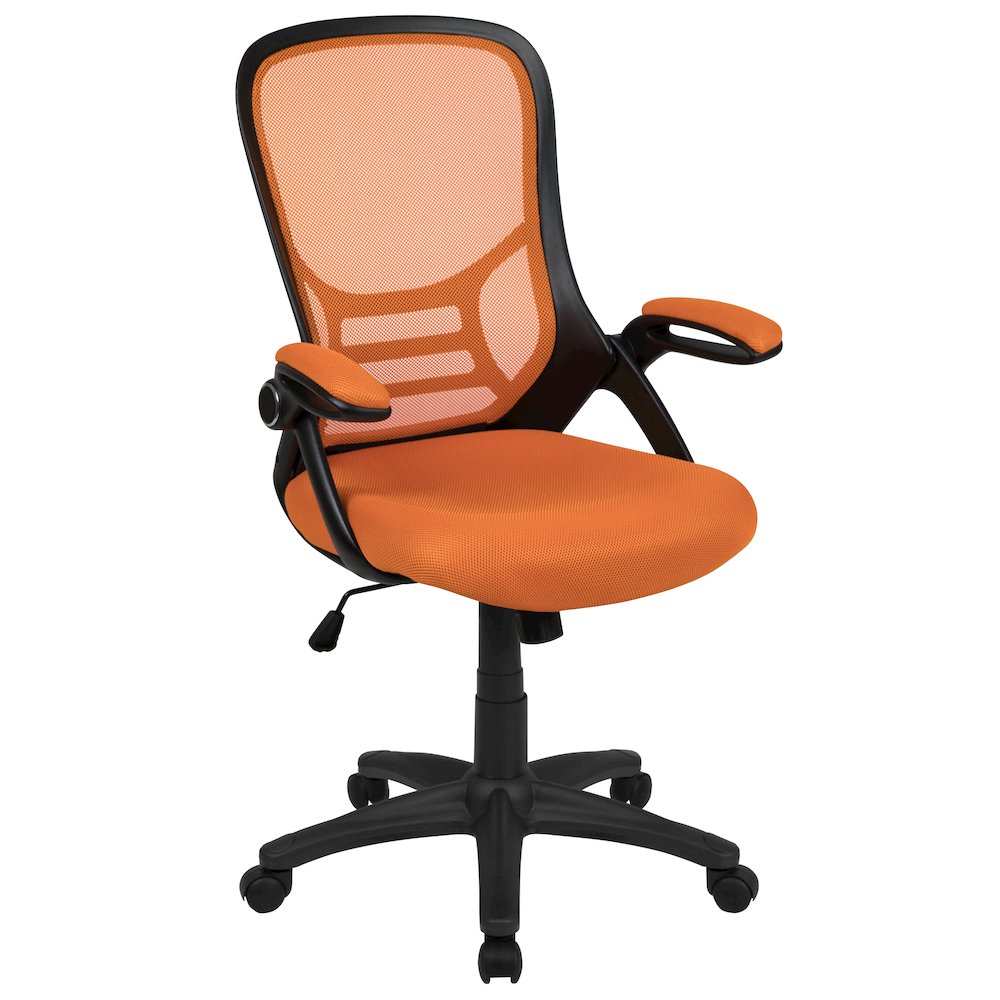 High Back Orange Mesh Swivel Office Chair with Black Frame and Flip-up Arms