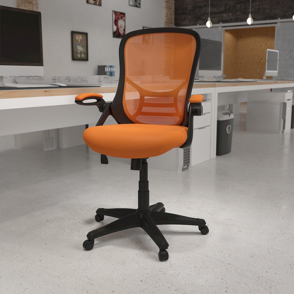 High Back Orange Mesh Swivel Office Chair with Black Frame and Flip-up Arms
