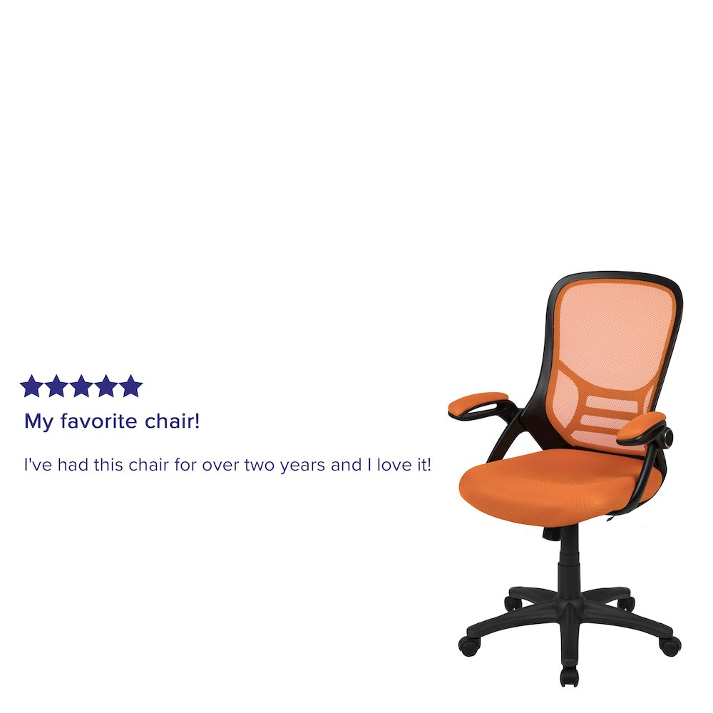 High Back Orange Mesh Swivel Office Chair with Black Frame and Flip-up Arms