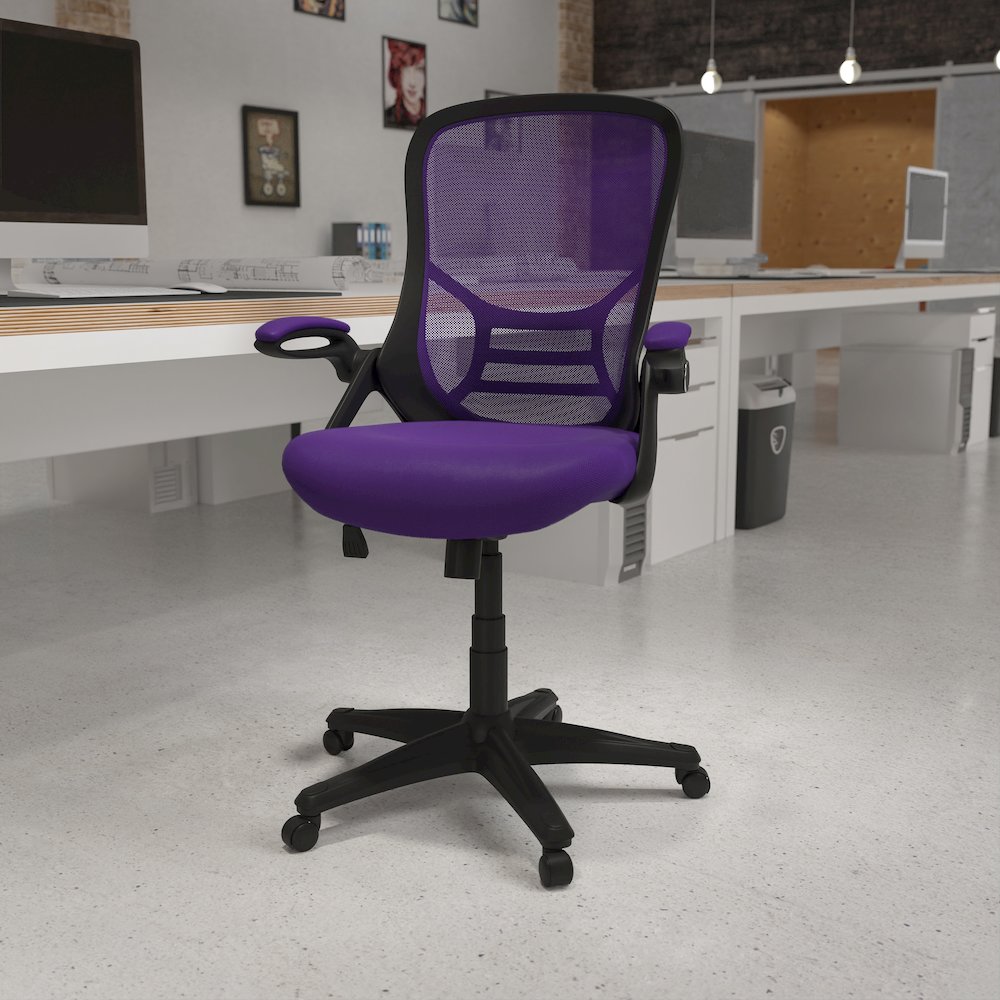 High Back Purple Mesh Swivel Office Chair with Black Frame and Flip-up Arms