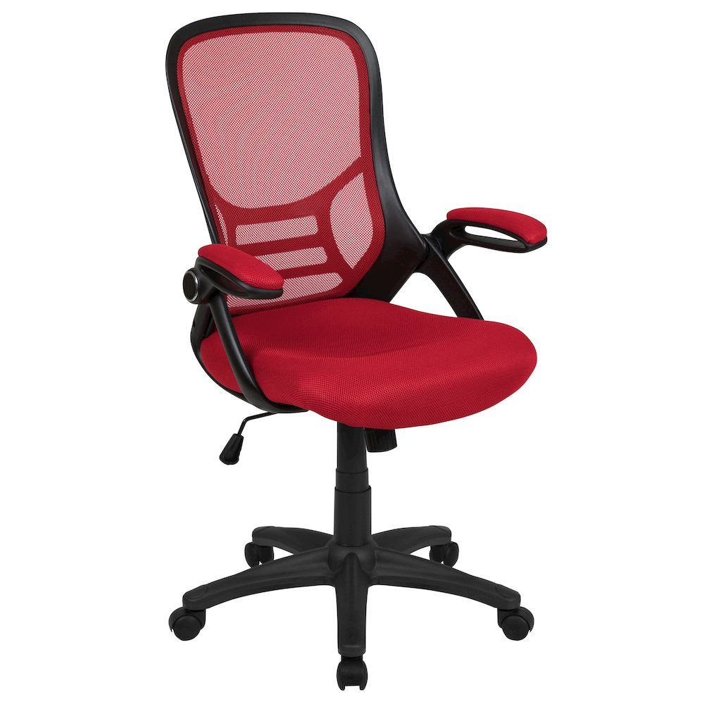 High Back Red Mesh Swivel Office Chair with Black Frame and Flip-up Arms