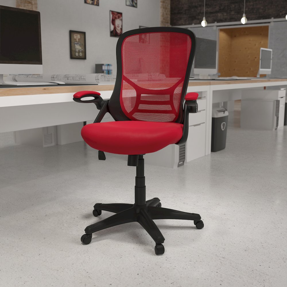 High Back Red Mesh Swivel Office Chair with Black Frame and Flip-up Arms