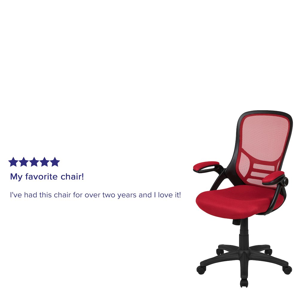High Back Red Mesh Swivel Office Chair with Black Frame and Flip-up Arms