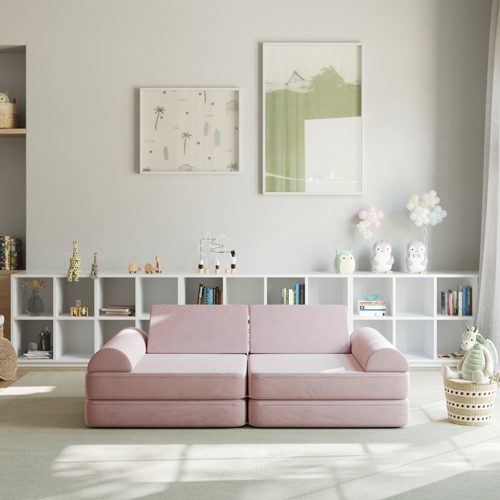 56″ Modular Kids Play Couch with 6 Soft Foam Sectional Sofa Pieces in Blush