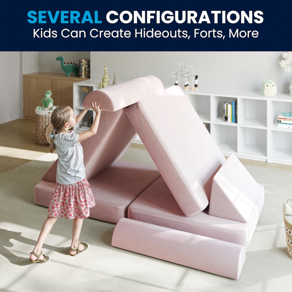 56″ Modular Kids Play Couch with 6 Soft Foam Sectional Sofa Pieces in Blush