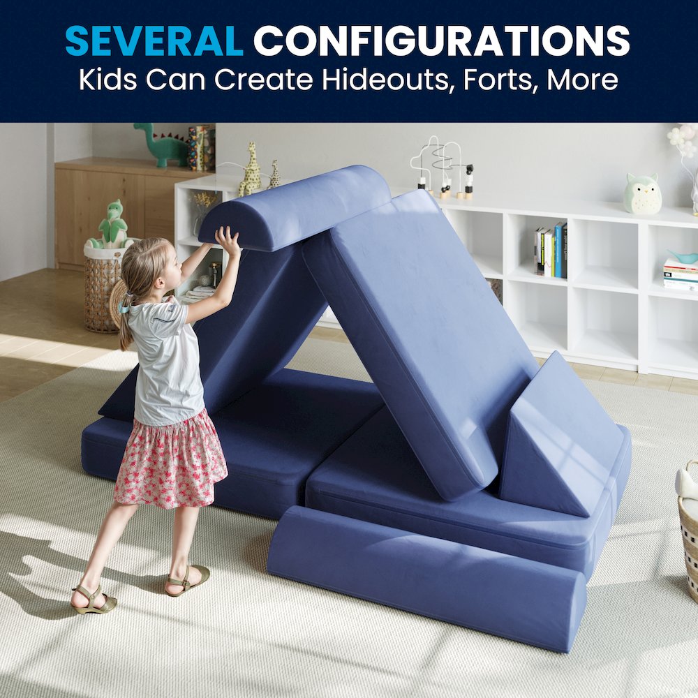 56″ Modular Kids Play Couch with 6 Soft Foam Sectional Sofa Pieces in Blue