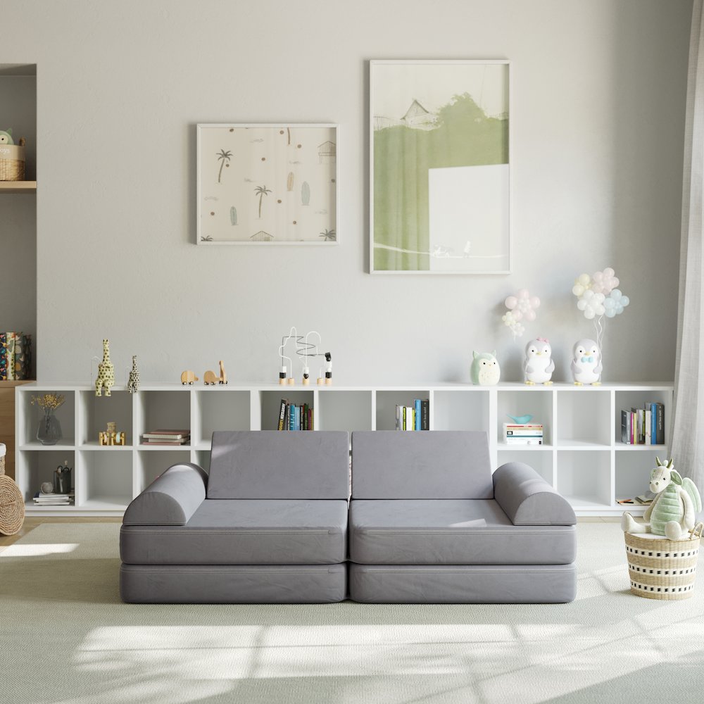 56″ Modular Kids Play Couch with 6 Soft Foam Sectional Sofa Pieces in Gray