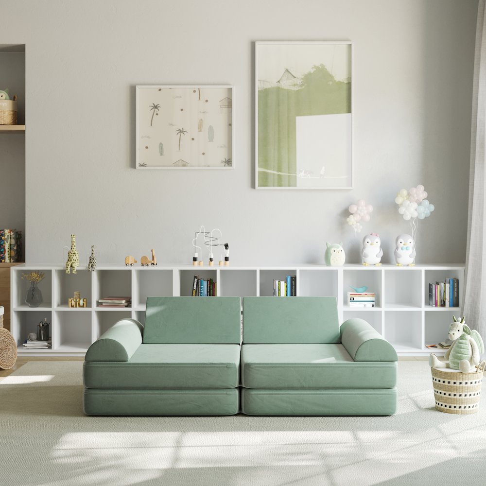 56″ Modular Kids Play Couch with 6 Soft Foam Sectional Sofa Pieces in Sage