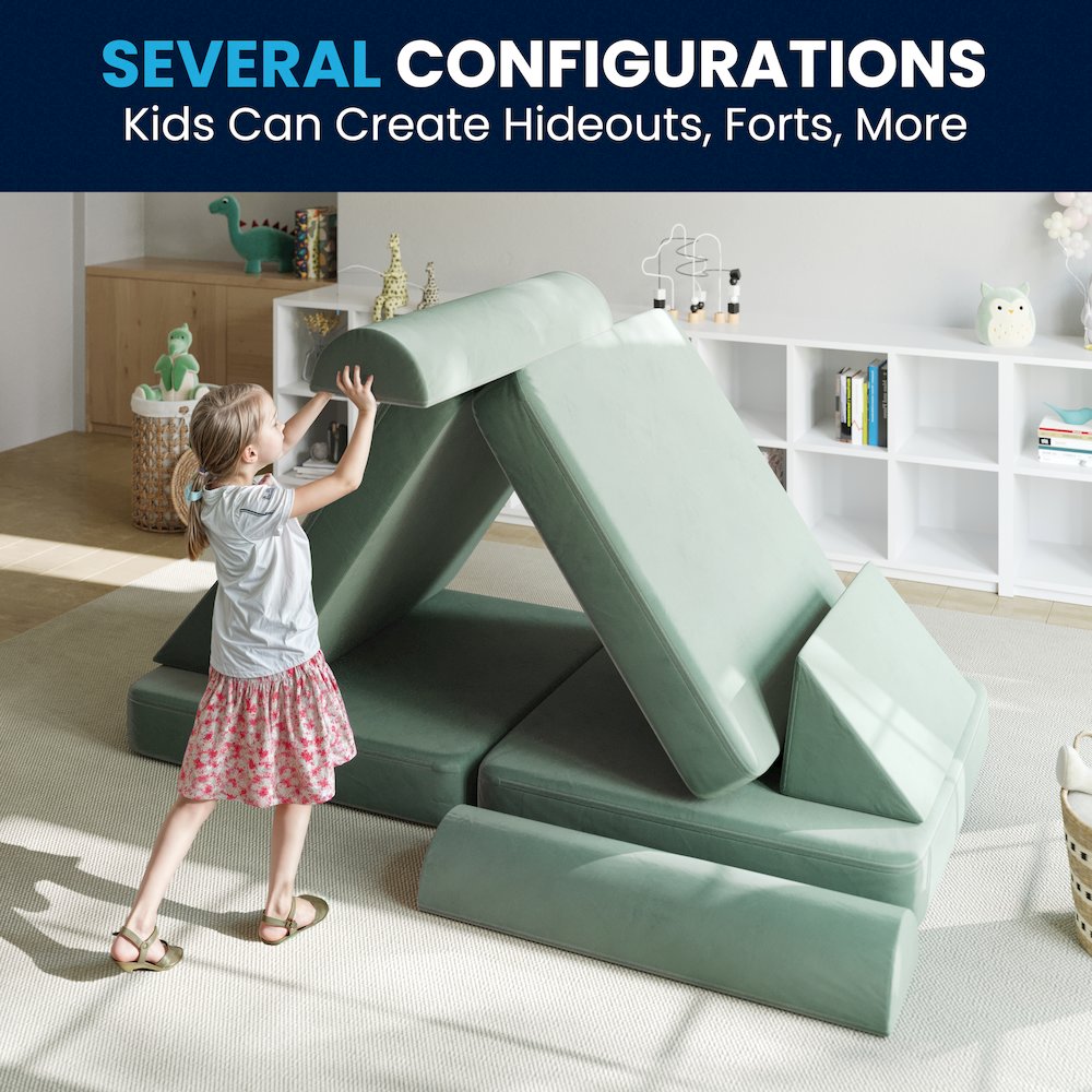 56″ Modular Kids Play Couch with 6 Soft Foam Sectional Sofa Pieces in Sage