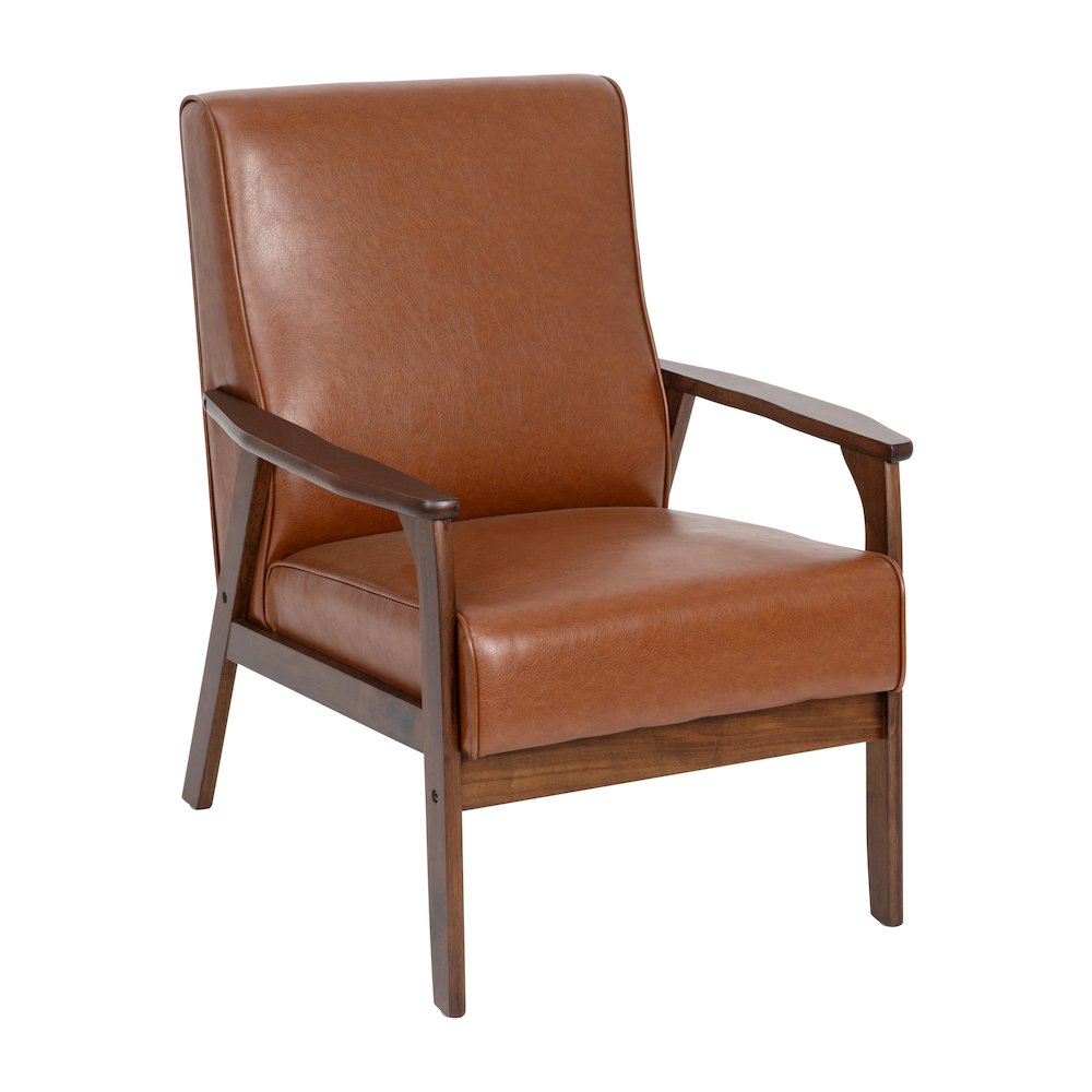 Upholstered Arm Chair with Walnut Finished Wooden Frame and Arms in Cognac