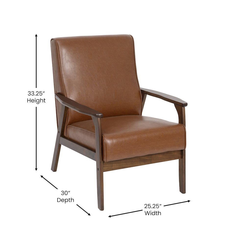 Upholstered Arm Chair with Walnut Finished Wooden Frame and Arms in Cognac
