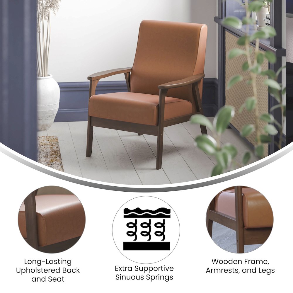 Upholstered Arm Chair with Walnut Finished Wooden Frame and Arms in Cognac