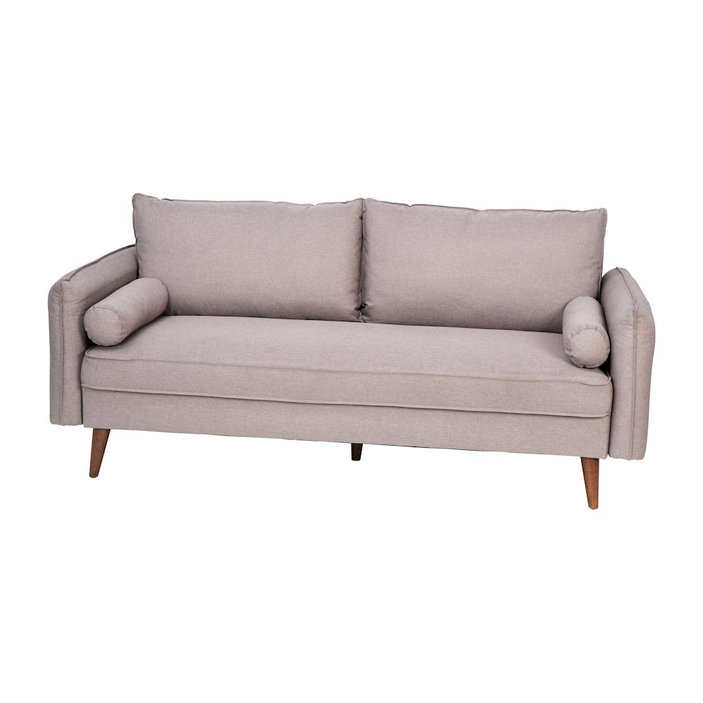 Mid-Century Sofa with Faux Linen Fabric Upholstery & Solid Wood Legs in Taupe