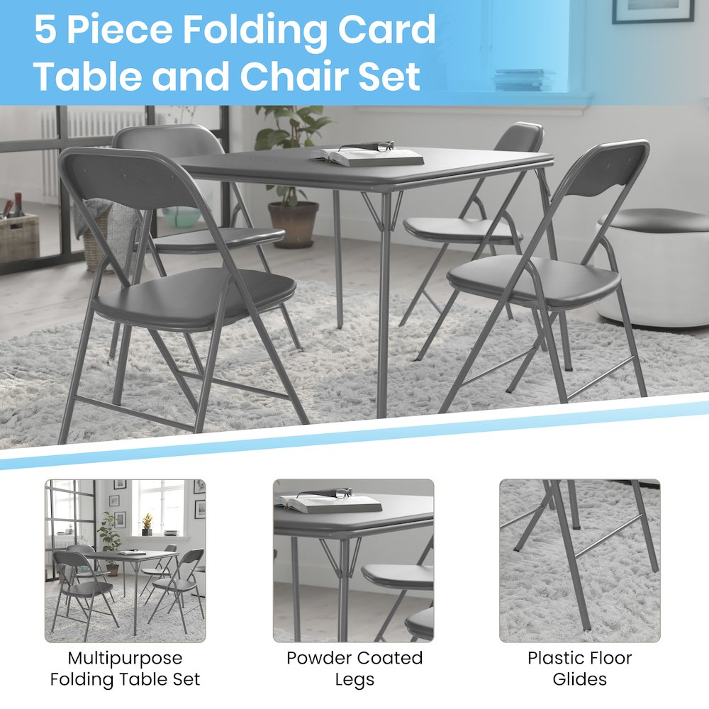 5 Piece Gray Folding Card Table and Chair Set