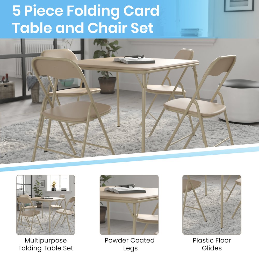 5 Piece Tan Folding Card Table and Chair Set