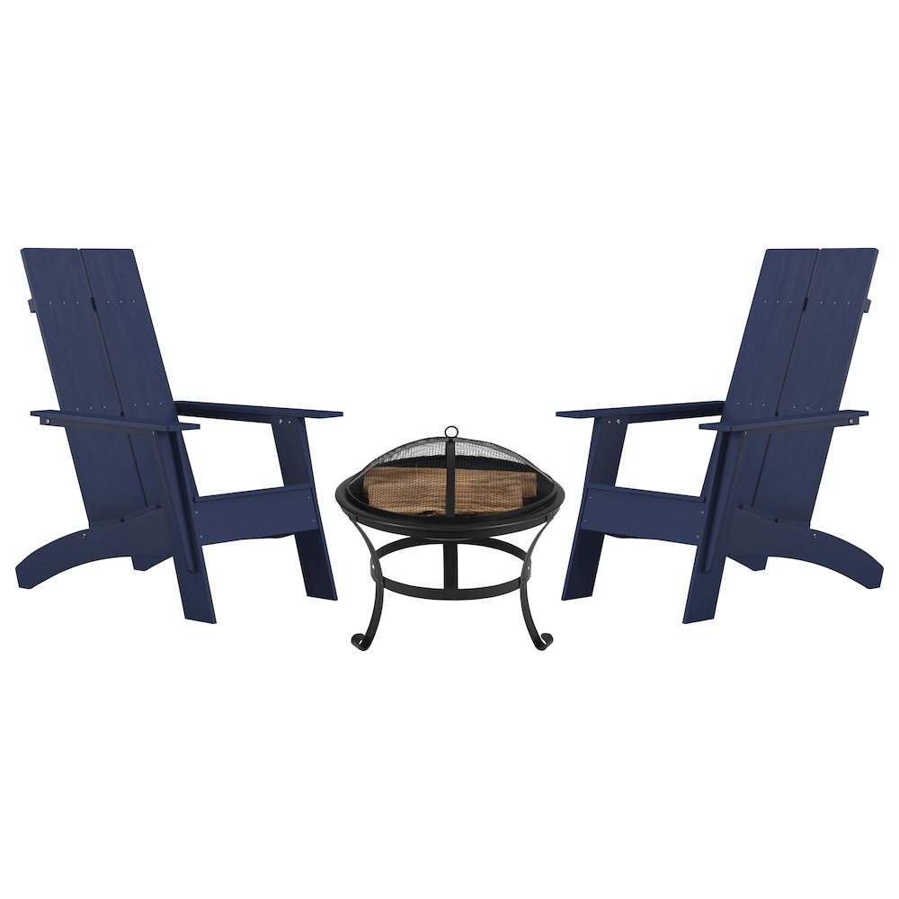 Set of 2 Navy Sawyer Chairs with 22″ Round Wood Burning Fire Pit
