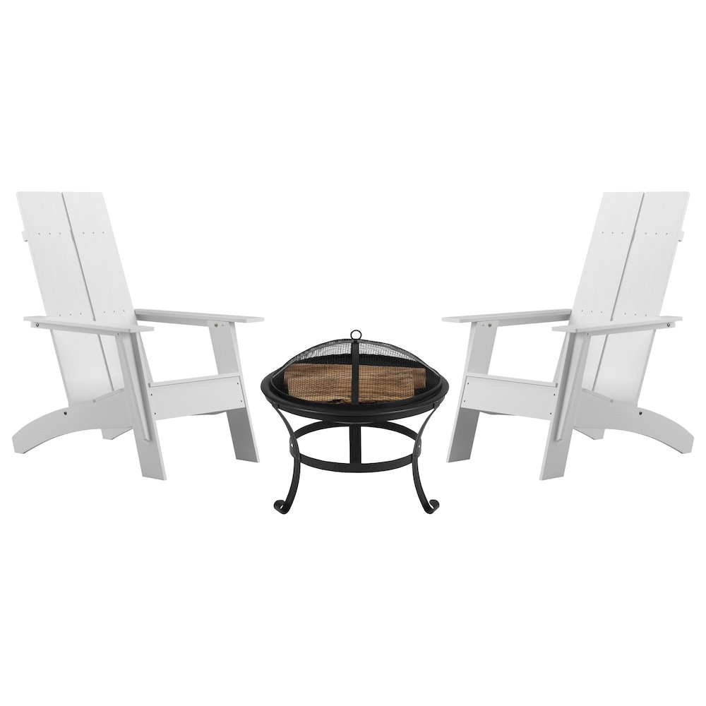 Set of 2 White Sawyer Chairs with 22″ Round Wood Burning Fire Pit