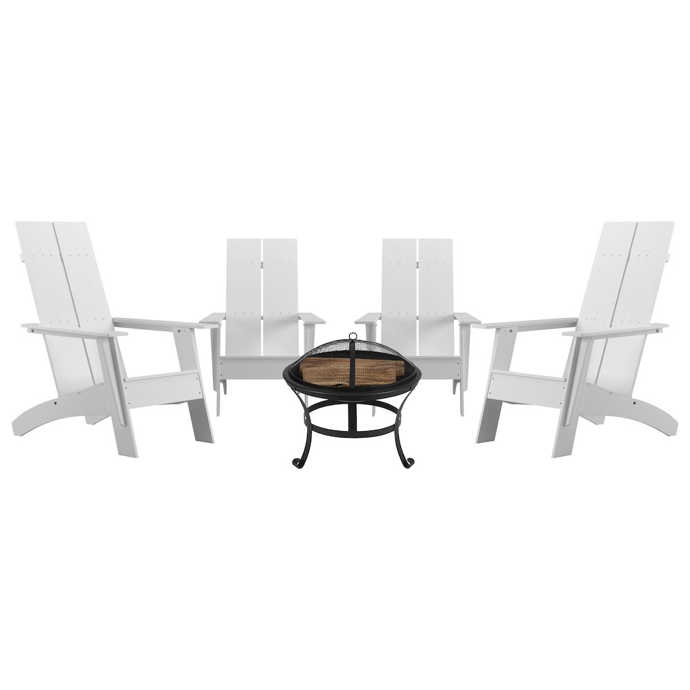Set of 4 White Sawyer Chairs with 22″ Round Wood Burning Fire Pit
