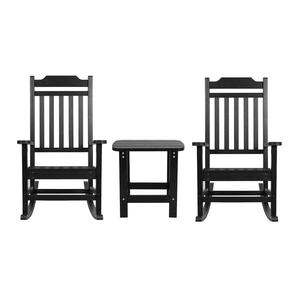 Set of 2 All-Weather Poly Resin Rocking Chairs with Accent Side Table in Black