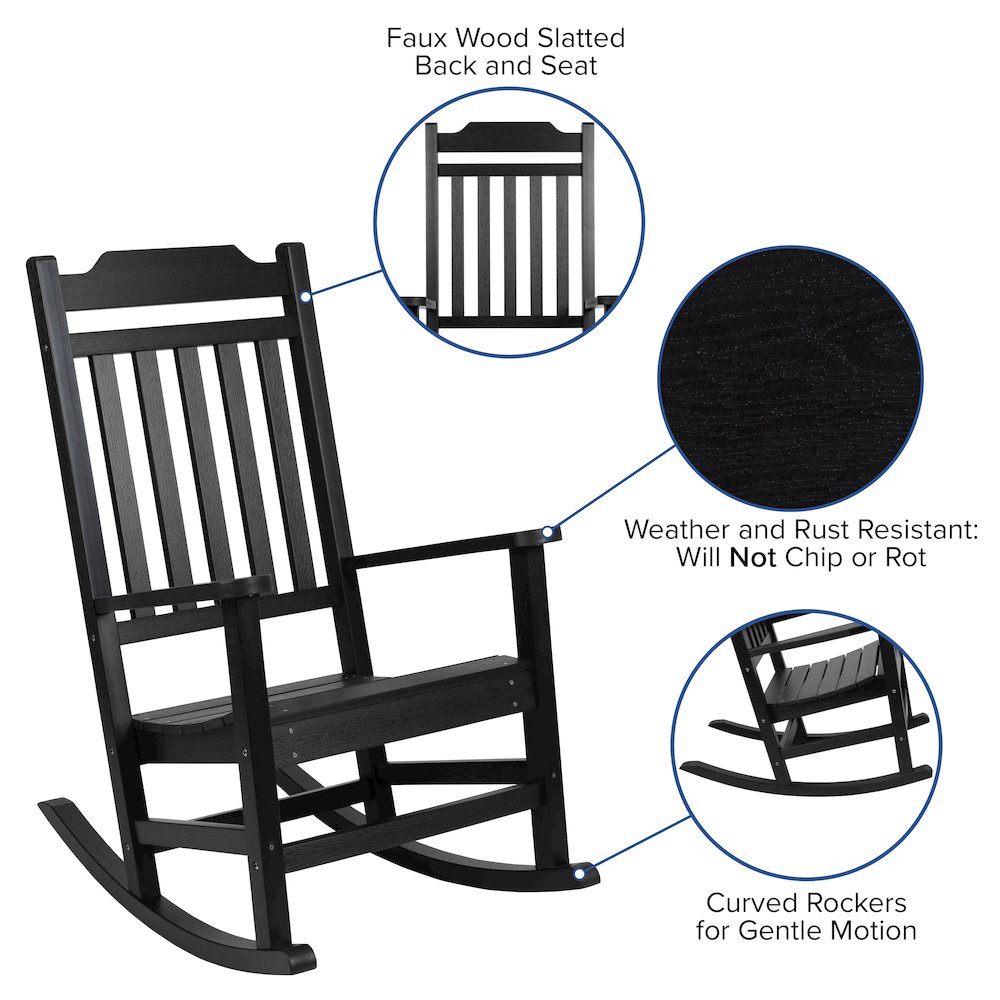 Set of 2 All-Weather Poly Resin Rocking Chairs with Accent Side Table in Black