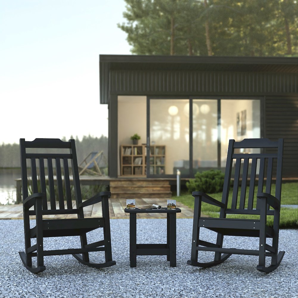 Set of 2 All-Weather Poly Resin Rocking Chairs with Accent Side Table in Black