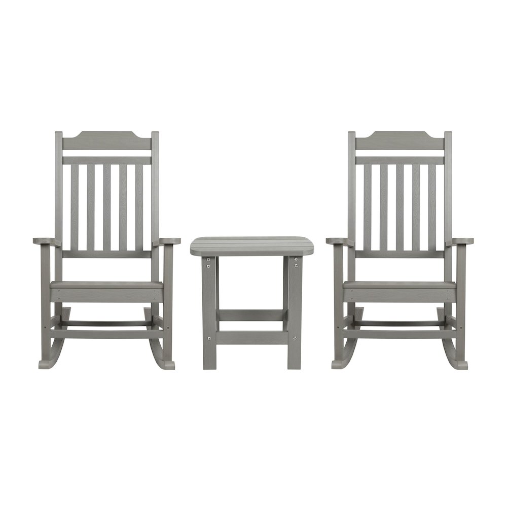 Set of 2 All-Weather Poly Resin Rocking Chairs with Accent Side Table in Gray