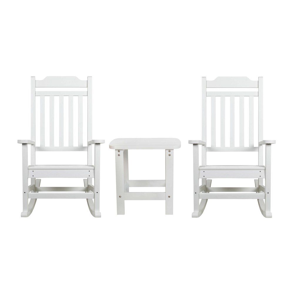 Set of 2 All-Weather Poly Resin Rocking Chairs with Accent Side Table in White