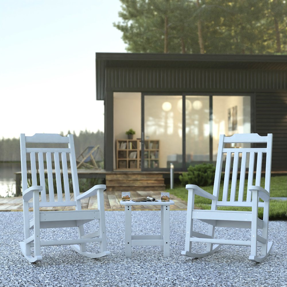 Set of 2 All-Weather Poly Resin Rocking Chairs with Accent Side Table in White