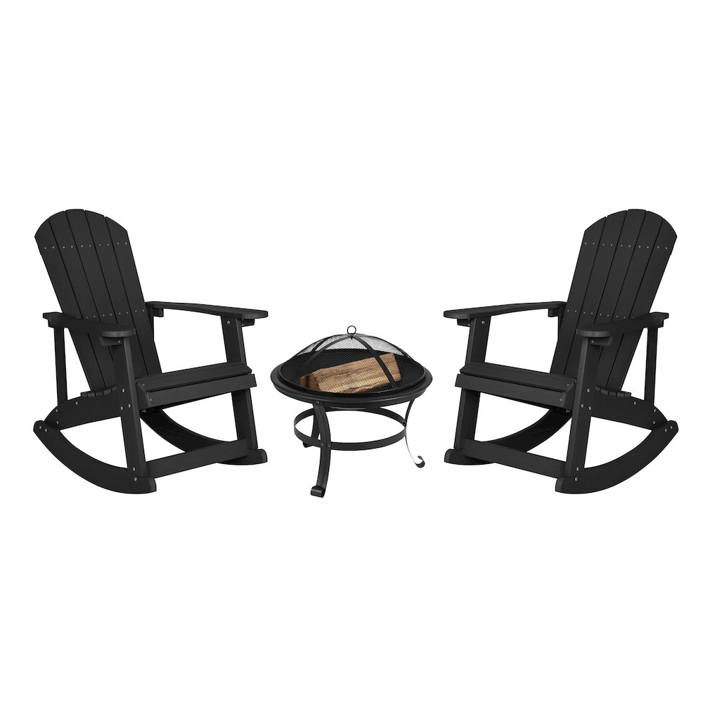 Set of 2 Black Adirondack Rocking Chairs with 22″ Round Wood Burning Fire Pit