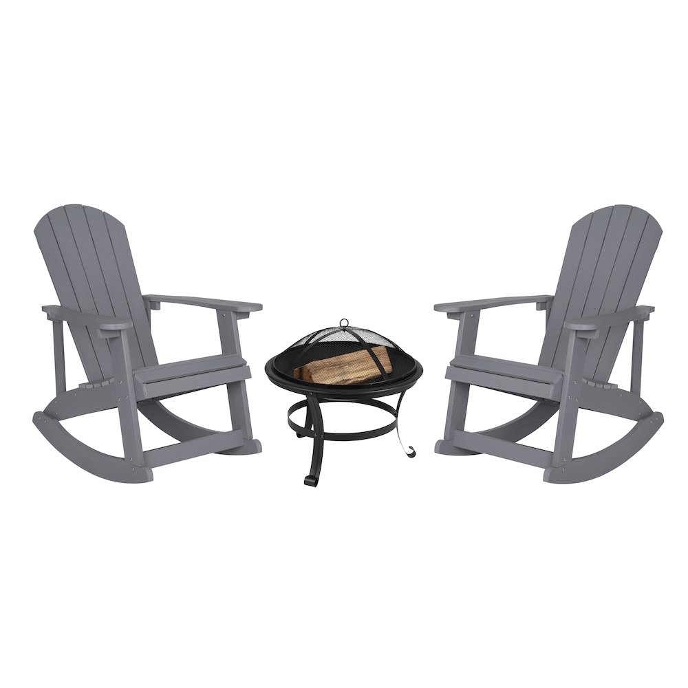 Set of 2 Gray Adirondack Rocking Chairs with 22″ Round Wood Burning Fire Pit