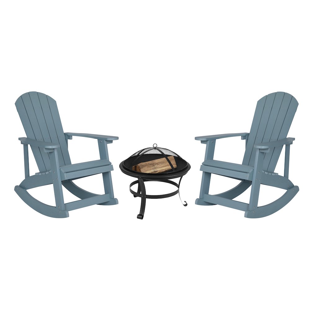 Set of 2 Sea Foam Adirondack Rocking Chairs with 22″ Round Wood Burning Fire Pit