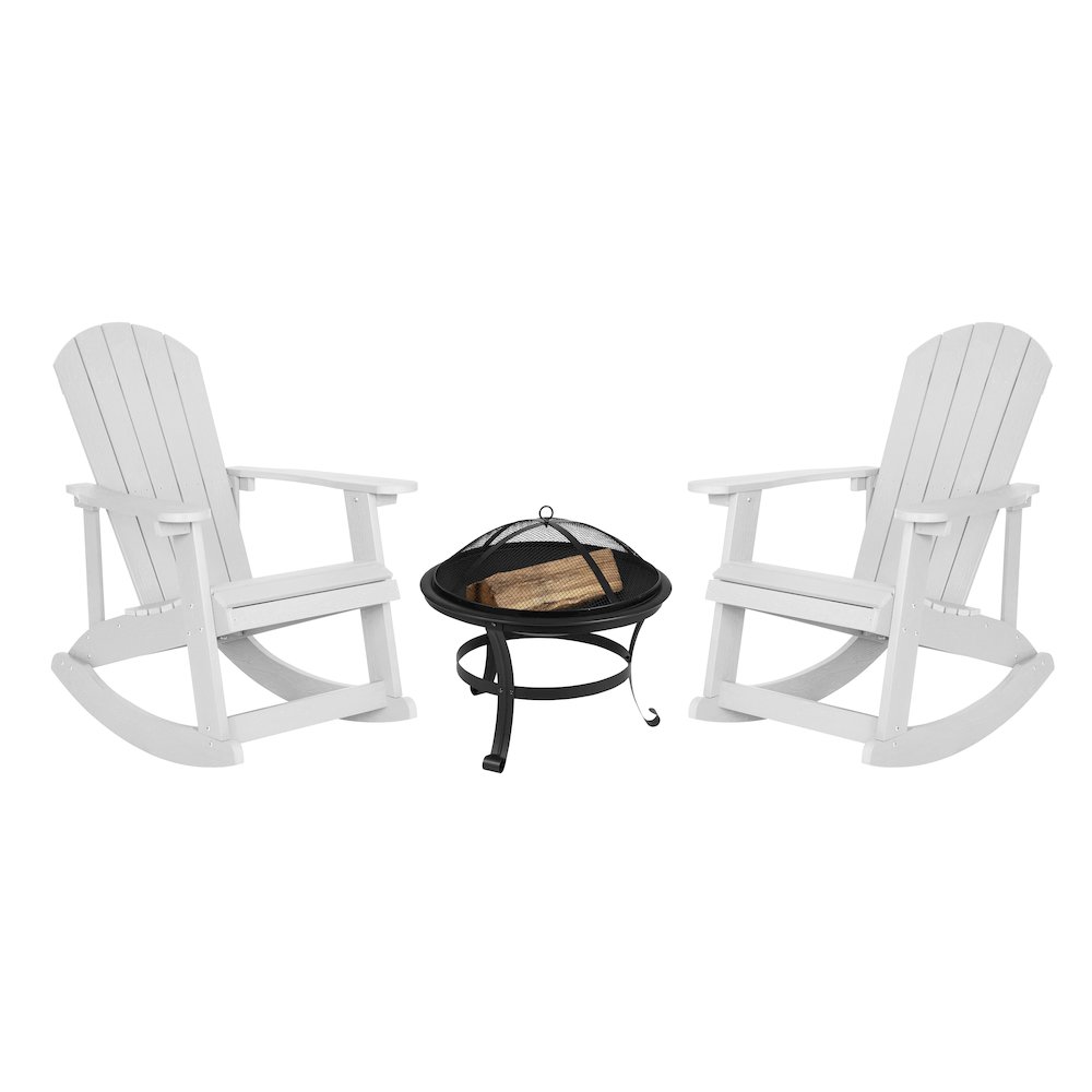 Set of 2 White Adirondack Rocking Chairs with 22″ Round Wood Burning Fire Pit
