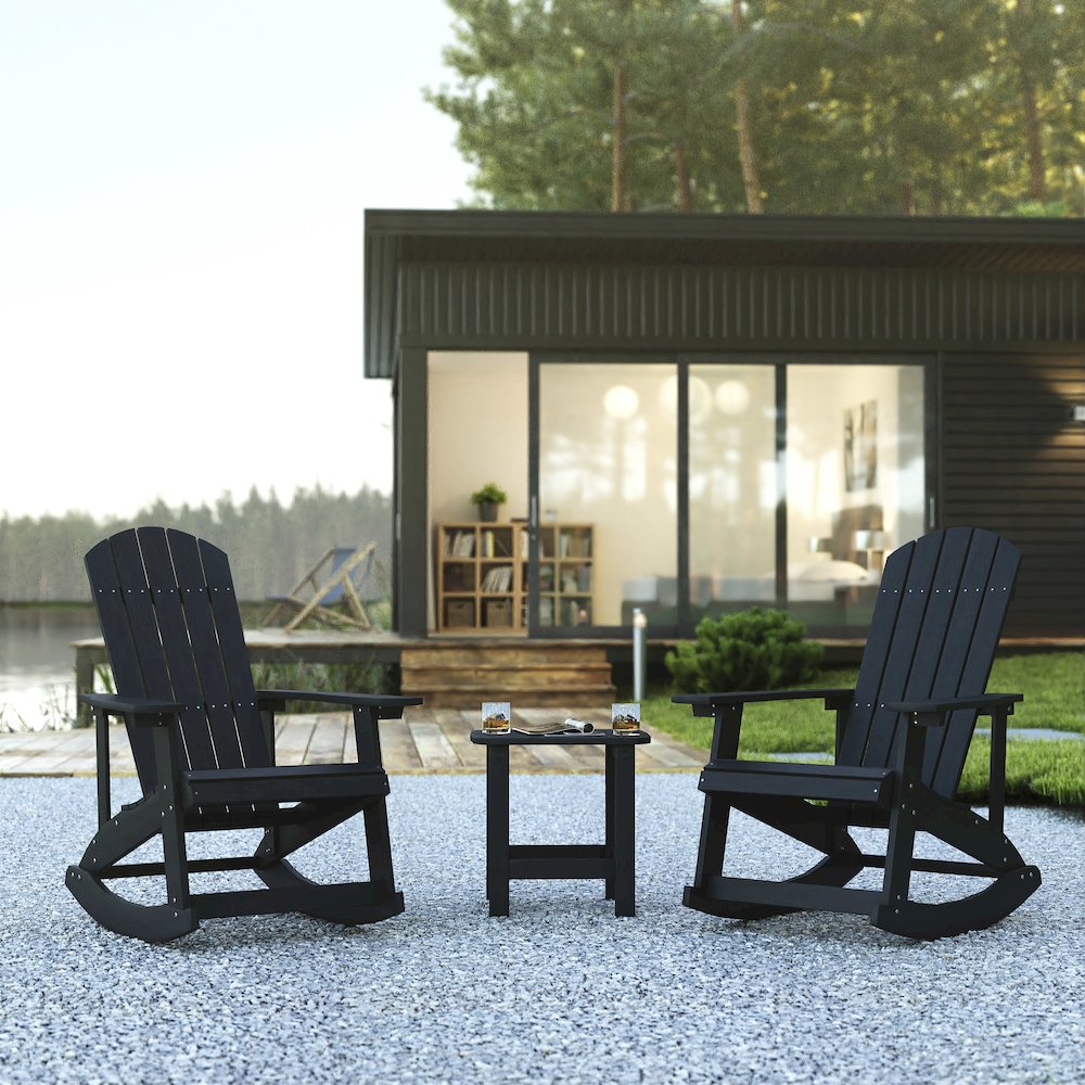 Set of 2 Adirondack Rocking Chairs with Side Table in Black