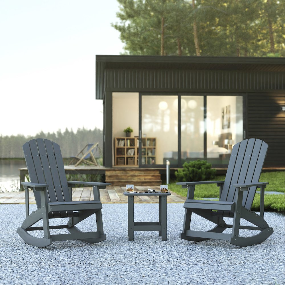 Set of 2 Adirondack Rocking Chairs with Side Table in Gray