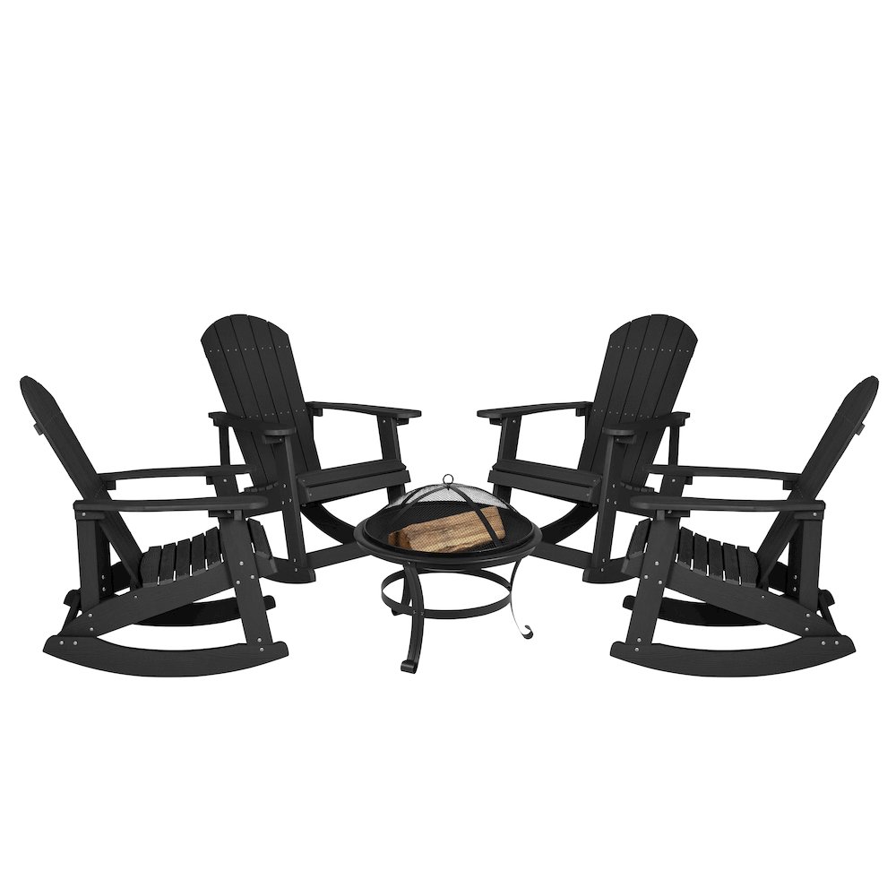 Set of 4 Black Adirondack Rocking Chairs with 22″ Round Wood Burning Fire Pit