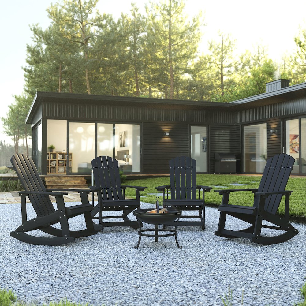 Set of 4 Black Adirondack Rocking Chairs with 22″ Round Wood Burning Fire Pit