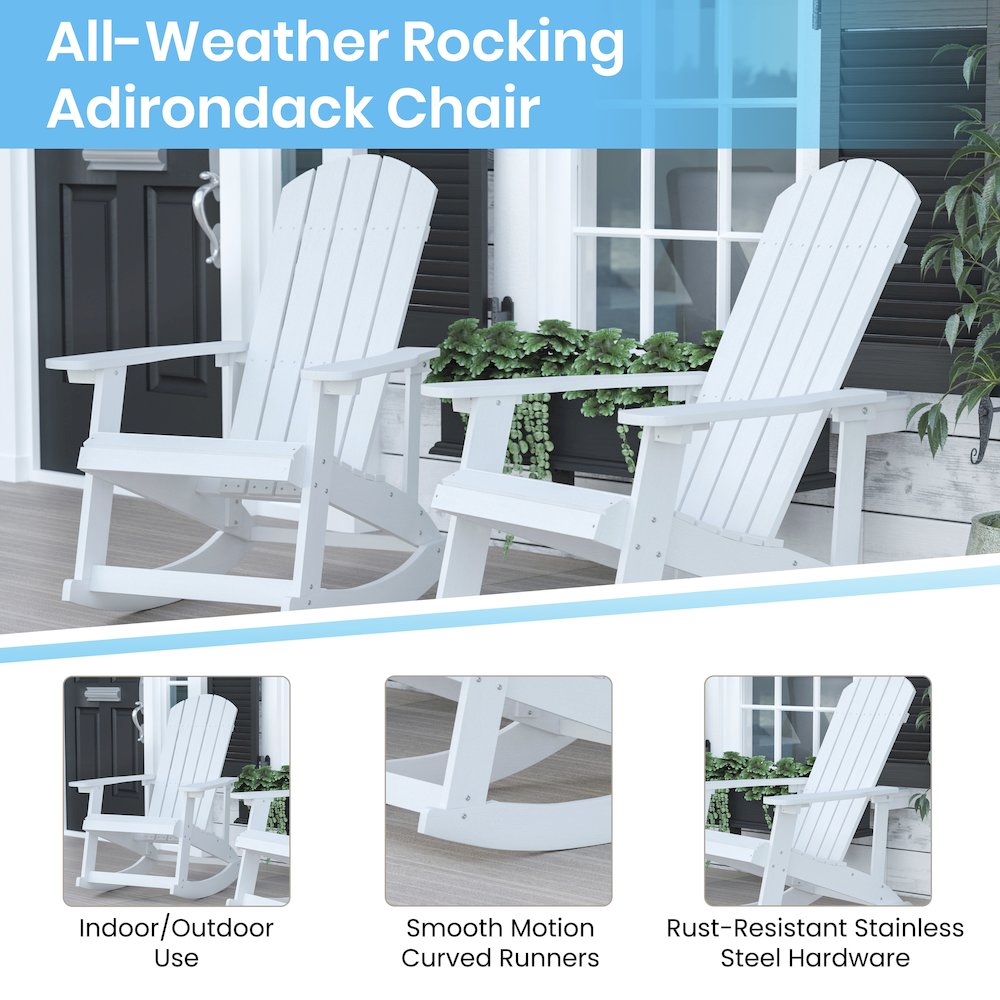 Set of 4 White Adirondack Rocking Chairs with 22″ Round Wood Burning Fire Pit
