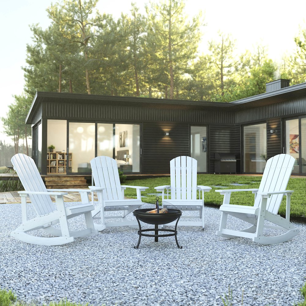 Set of 4 White Adirondack Rocking Chairs with 22″ Round Wood Burning Fire Pit