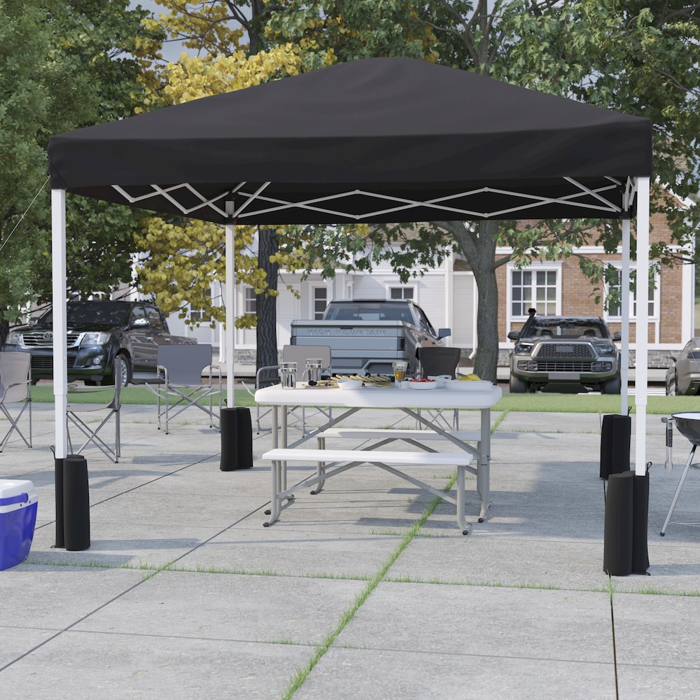 10’x10′ Black Event Straight Leg Canopy Tent with Sandbags and Wheeled Case