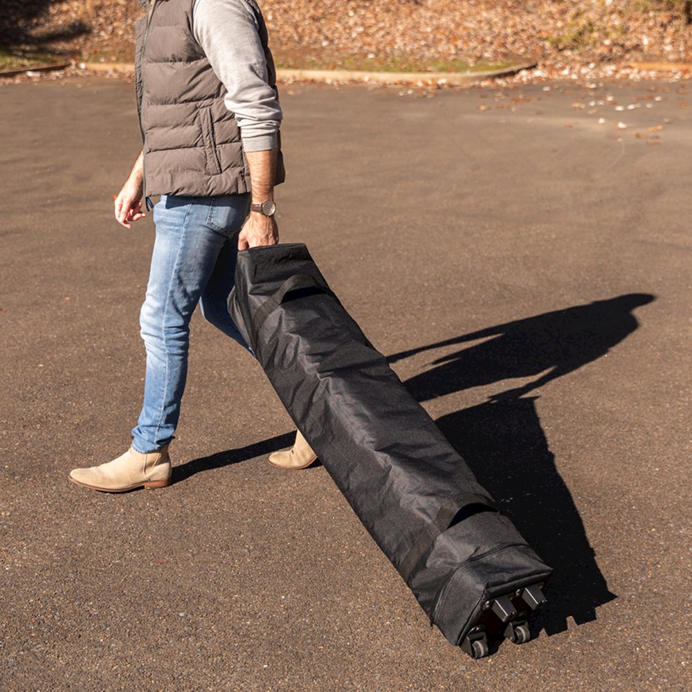 10’x10′ Black Event Straight Leg Canopy Tent with Sandbags and Wheeled Case