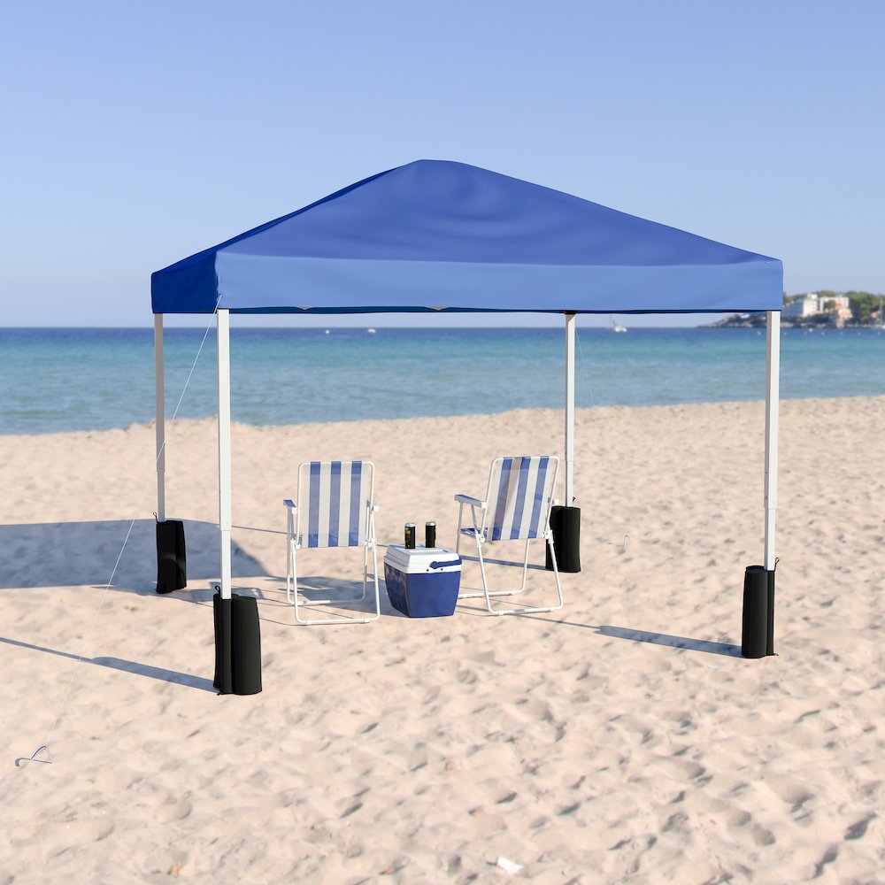 10’x10′ Blue Event Straight Leg Canopy Tent with Sandbags and Wheeled Case